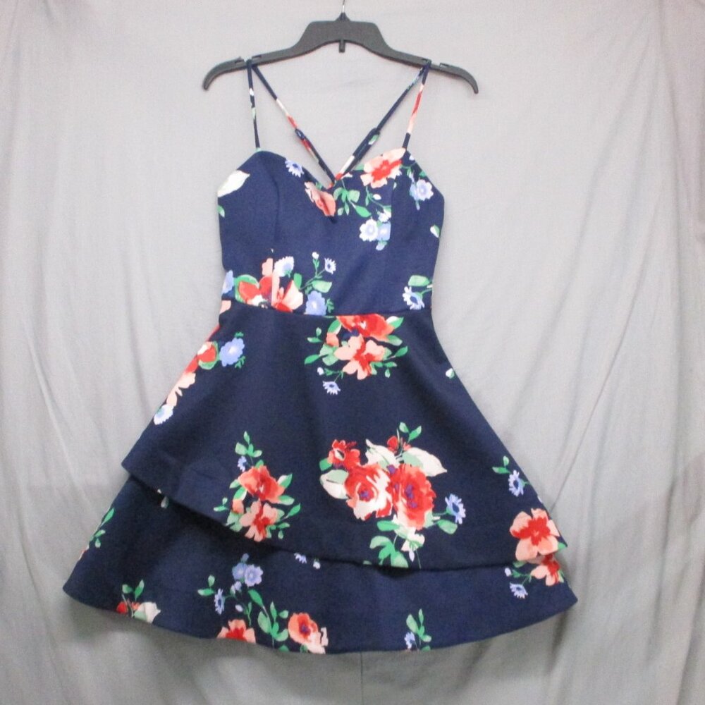 Sequin Hearts A-Line Floral Layer Dress Criss Cross Straps Blue Women Size | 13‎